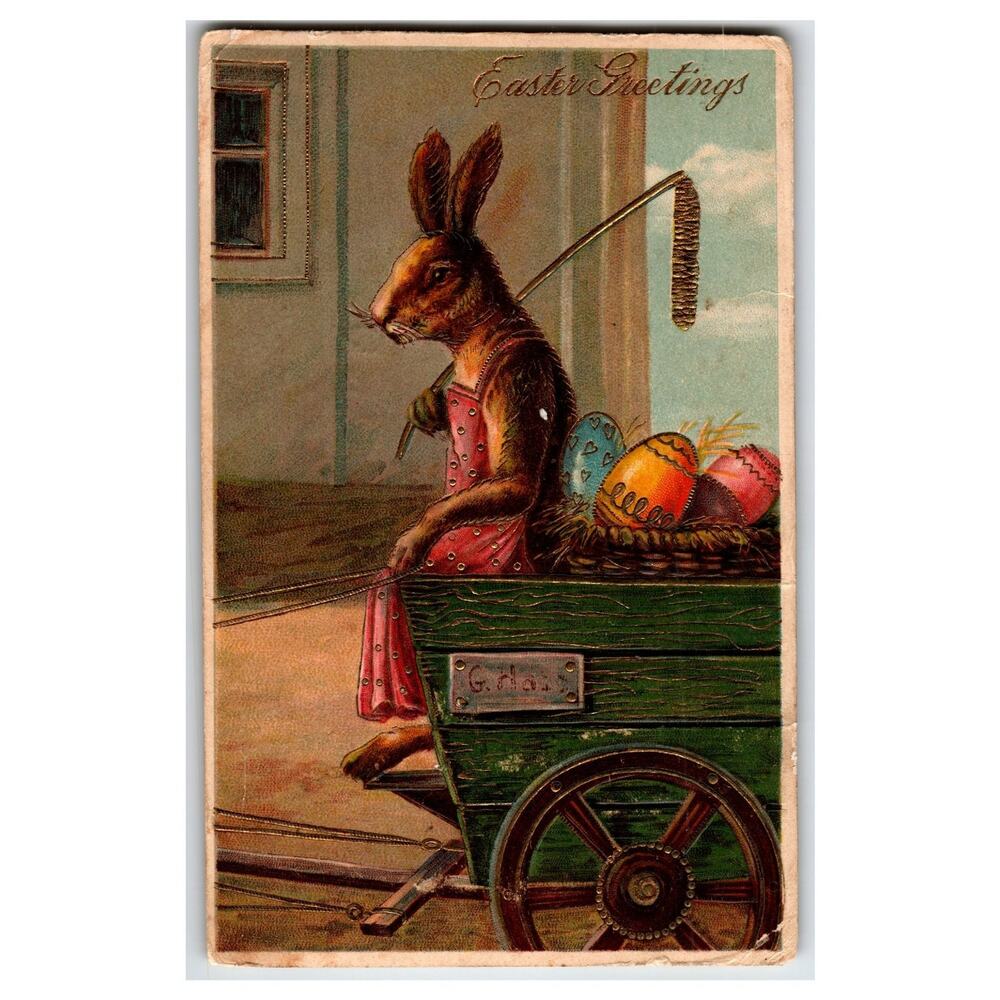 1908 Easter Greetings Postcard Anthropomorphic Rabbit Pulling Egg Cart Germany